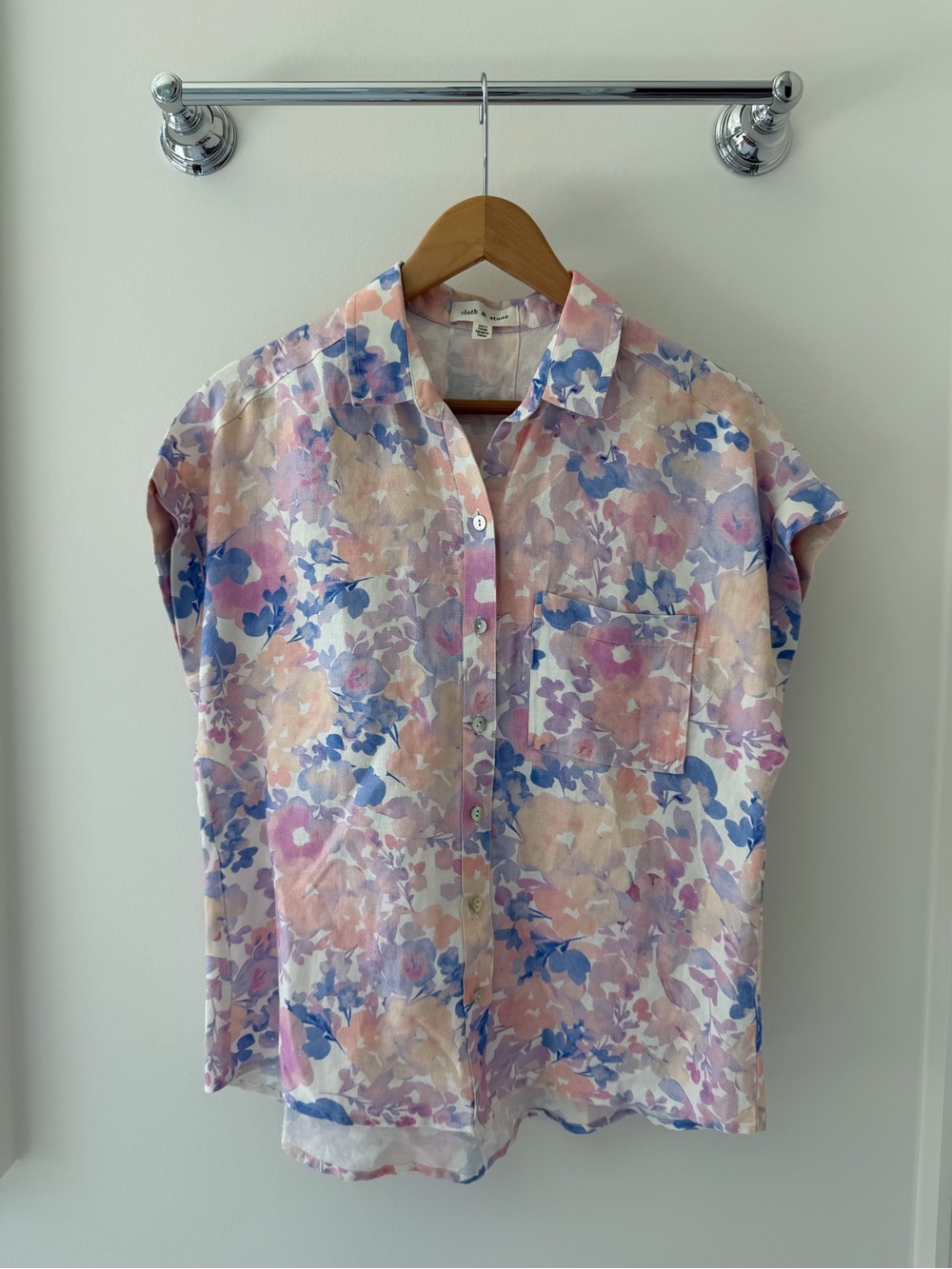 Anthropologie Cloth & Stone Floral Button-Up Linen Blend Shirt -Pastel Pink Blue